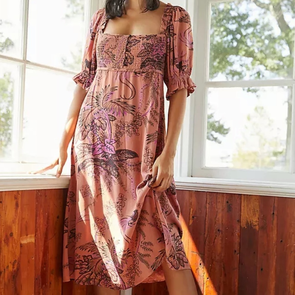 Anthropologie Puff-Sleve Printed Midi Dress